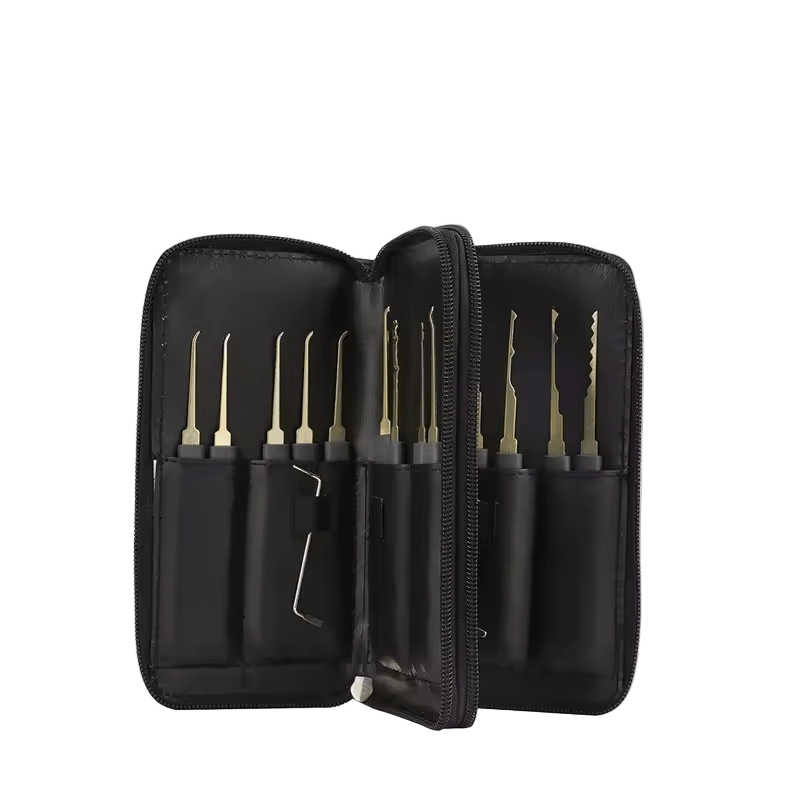 Black tool kit with 24 pieces on a white background