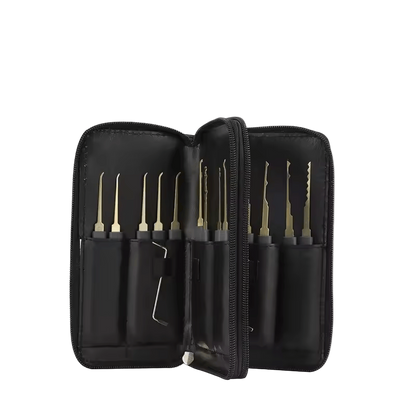 Black tool kit with 24 pieces on a white background