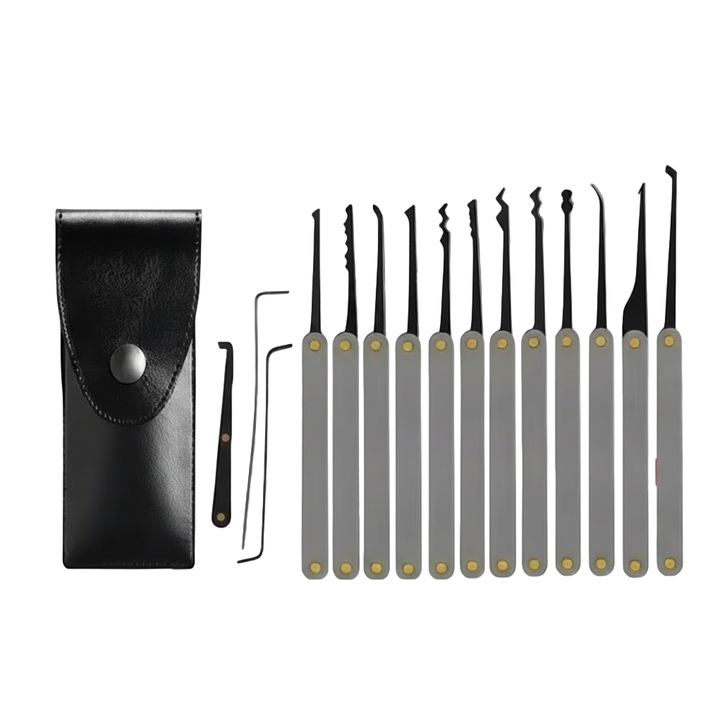 Set of 15 lock-picking tools with a black case on a white background