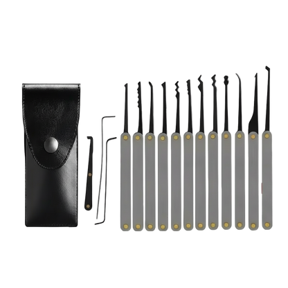 Set of 15 lock-picking tools with a black case on a white background