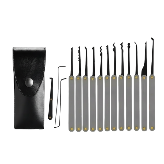 Set of 15 lock-picking tools with a black case on a white background